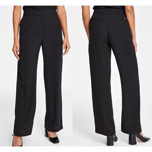DKNY Women's Black High-Rise Wide-Leg Pinstripe Pants 0